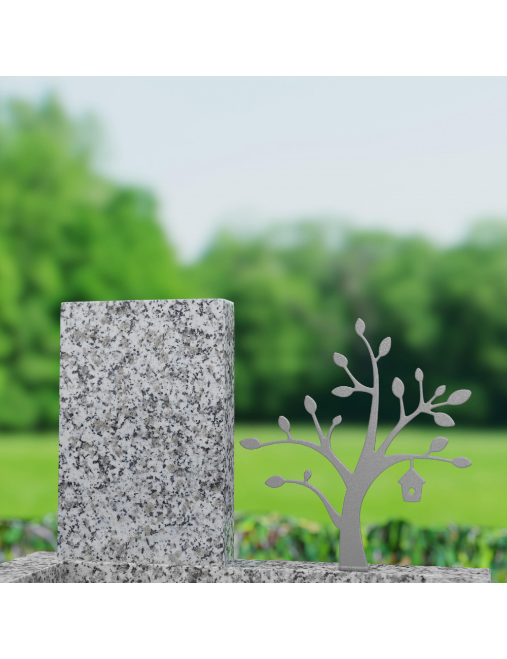 Stèle funéraire Arbre Sofiga avec nichoir en acier Grise – monument design Artombal