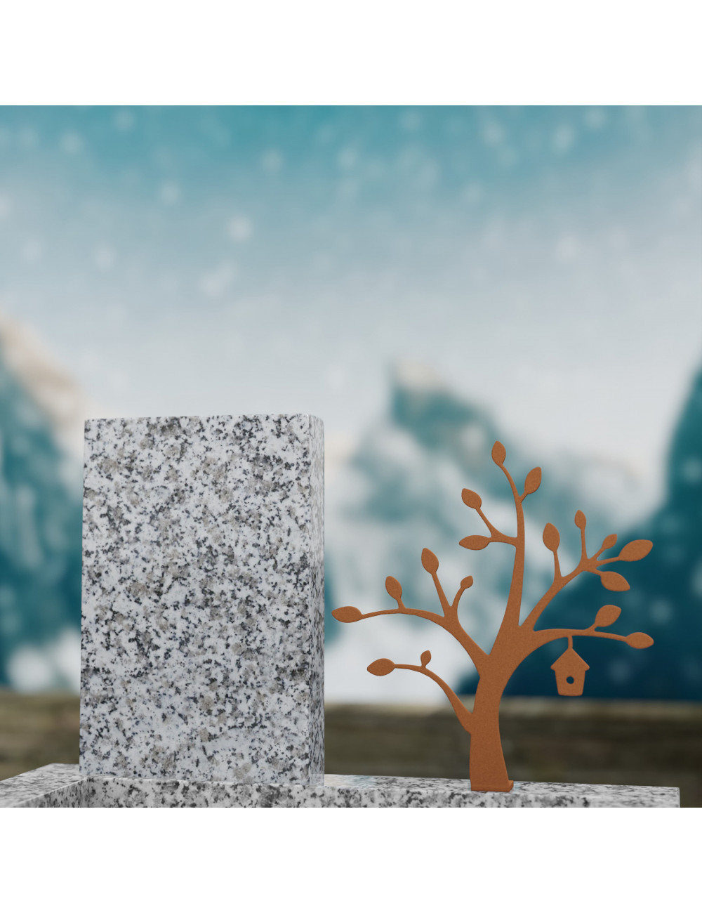 Stèle funéraire Arbre Sofiga avec nichoir en acier Rouille – monument design Artombal